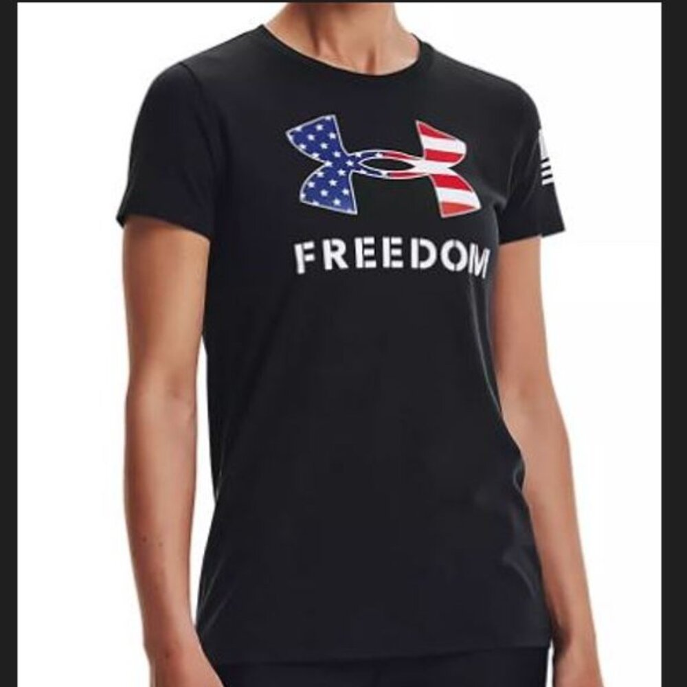 Under Armour Women's T-Shirt L Freedom Flag Tee Black Short Sleeve Independence